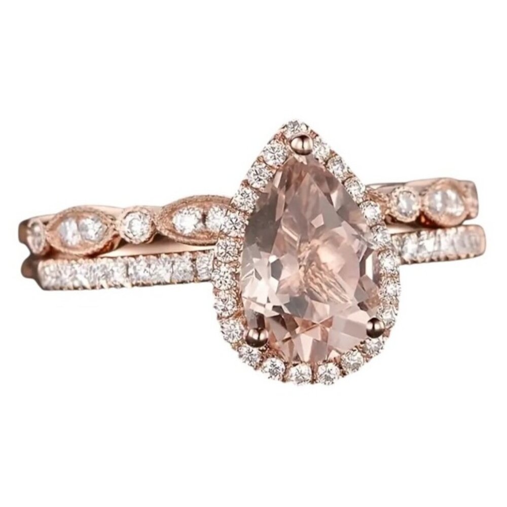 Pear Water Drop Shaped Engagement Ring Set Morganite Bridal Set Rose Gold Halo - Picture 2 of 4